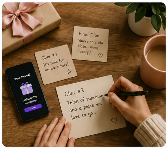 Clue cards, a wrapped gift and a phone preview for a personalized surprise reveal