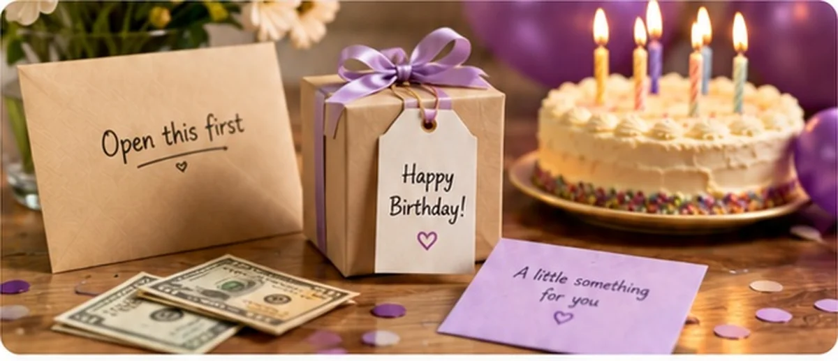 Birthday money gift setup with an open-first envelope, small wrapped present, birthday cake, and cash handled separately.