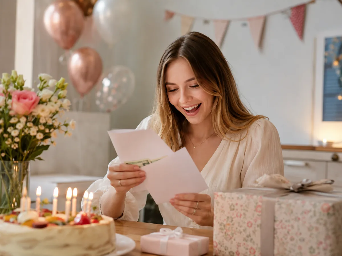 Woman smiling as she opens a birthday card with money tucked inside at a birthday table with cake and gifts.