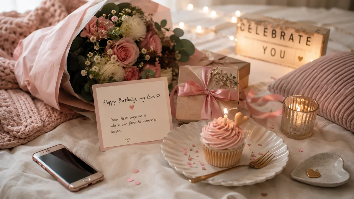Birthday surprise setup for a girlfriend with a clue card, small gift, flowers, and dessert.