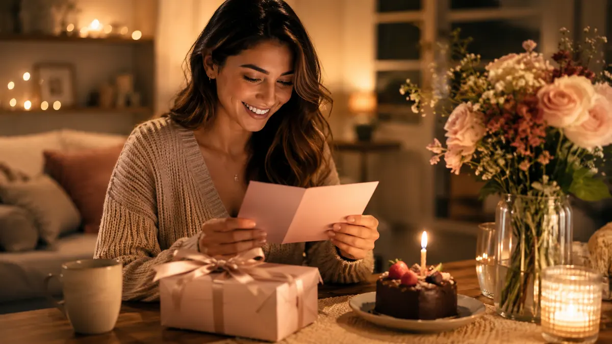 Woman smiling as she opens a thoughtful birthday surprise at home.
