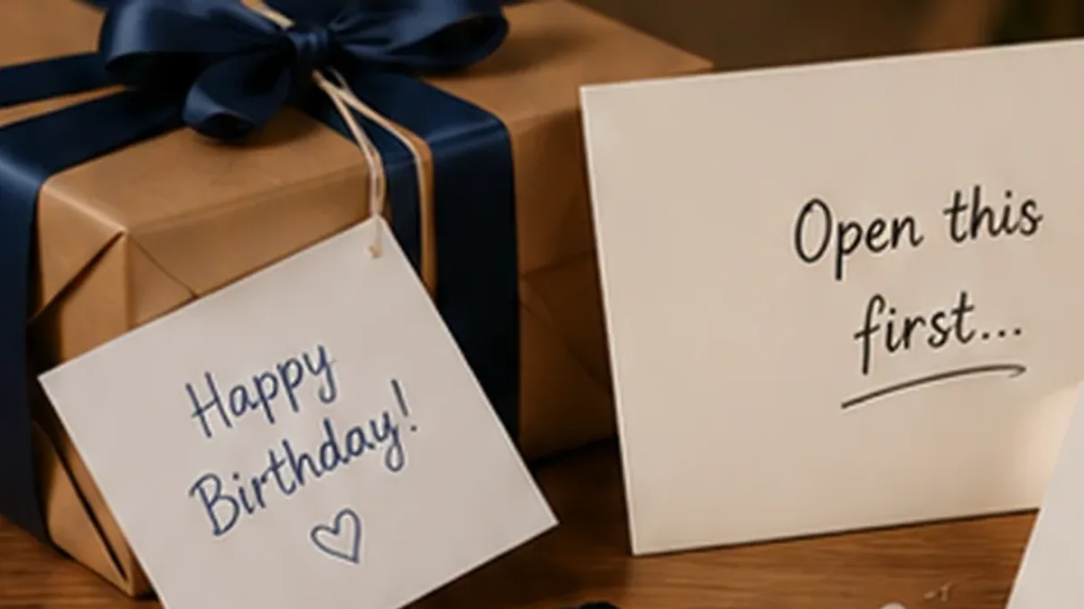 Open this first birthday clue card beside a wrapped gift for a thoughtful surprise for him.