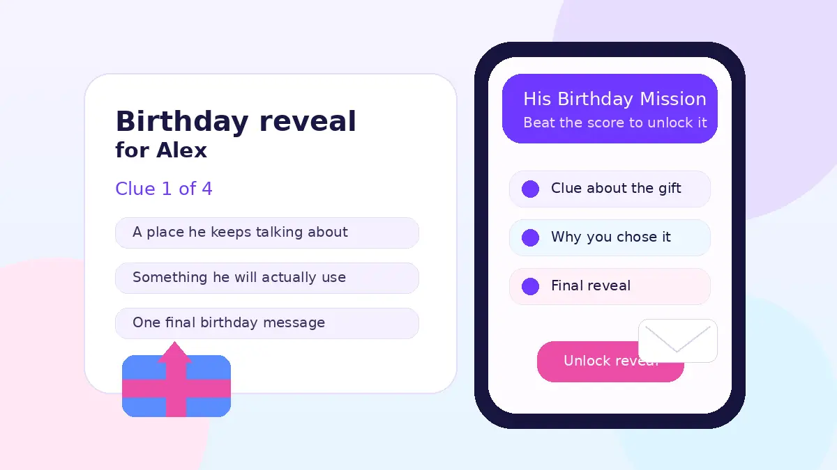 Private birthday reveal screen with clues and a final birthday message for him.