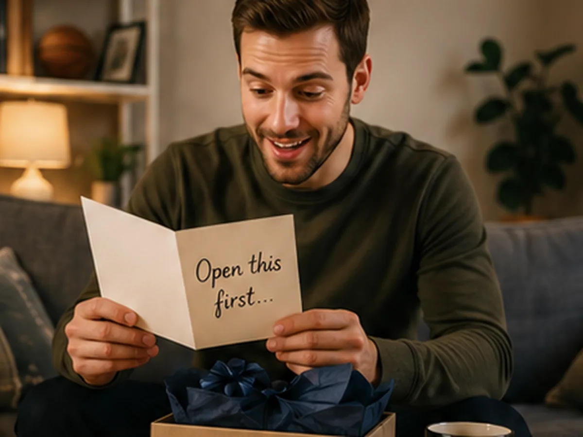 Man smiling as he opens an Open this first birthday card and gift box at home.