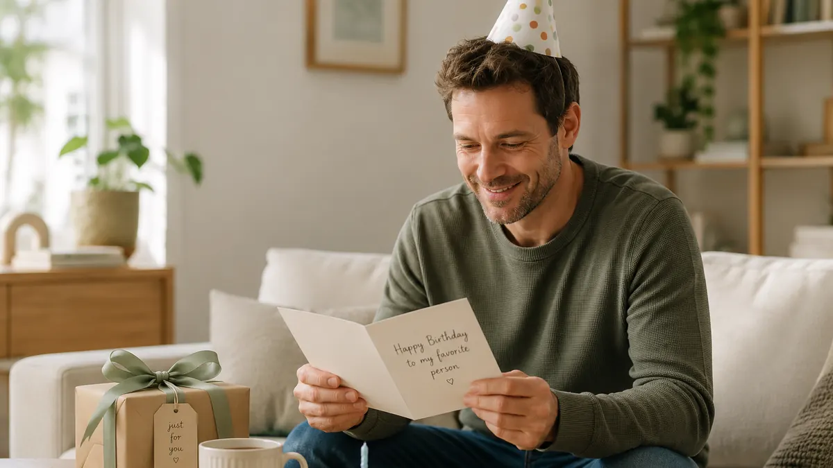 A husband smiling as he reads a thoughtful birthday card beside a small gift at home.