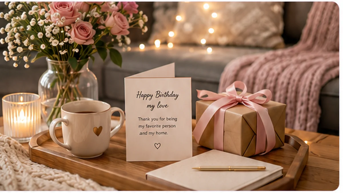 Romantic birthday setup for a wife with flowers, a birthday card, a wrapped gift, and candlelight.