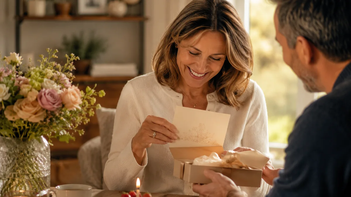 Wife opening a thoughtful birthday surprise from her husband at home.