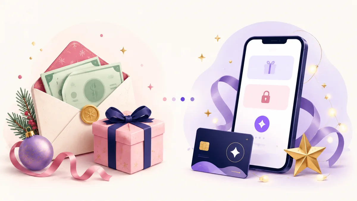 Illustrated comparison of cash and digital Christmas money gifts shown side by side with a festive cash envelope and a private digital reveal on a phone.