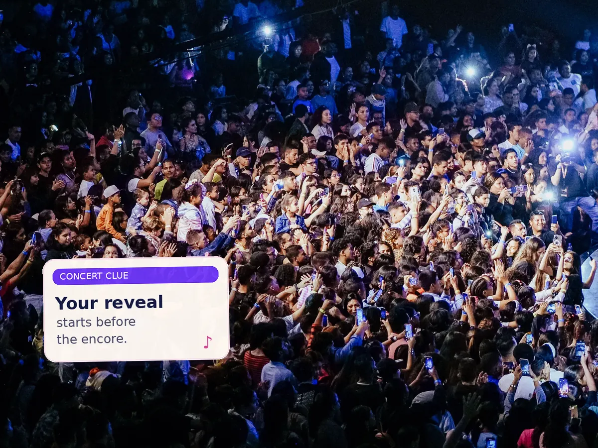 A concert crowd with a safe concert reveal clue card overlay.