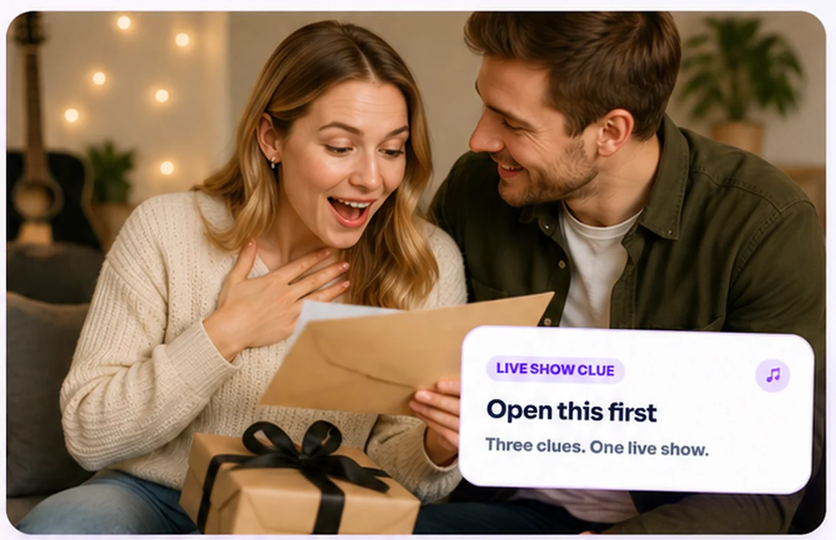 A happy couple opening a concert ticket reveal envelope with a safe live show clue card.