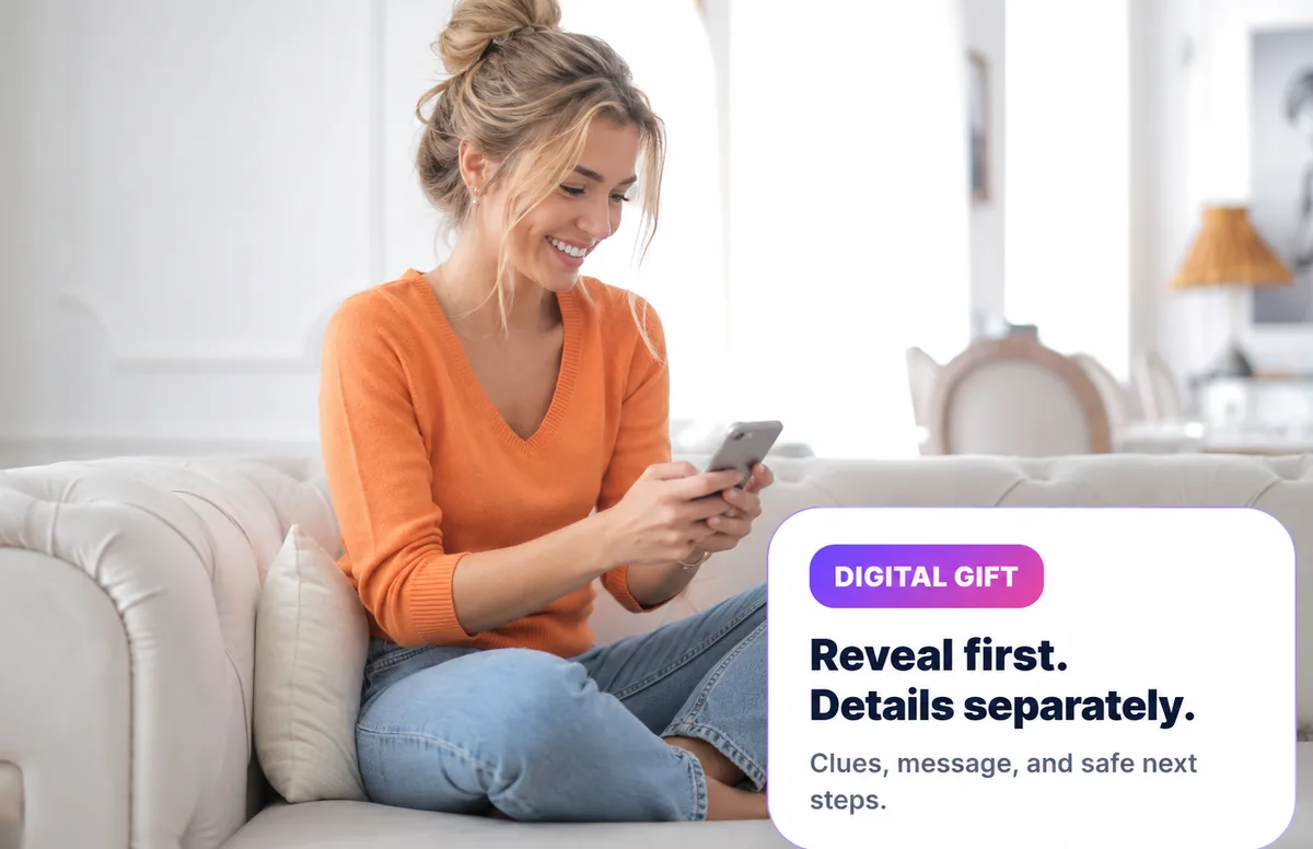 Smiling woman looking at her phone while opening a safe digital gift reveal.