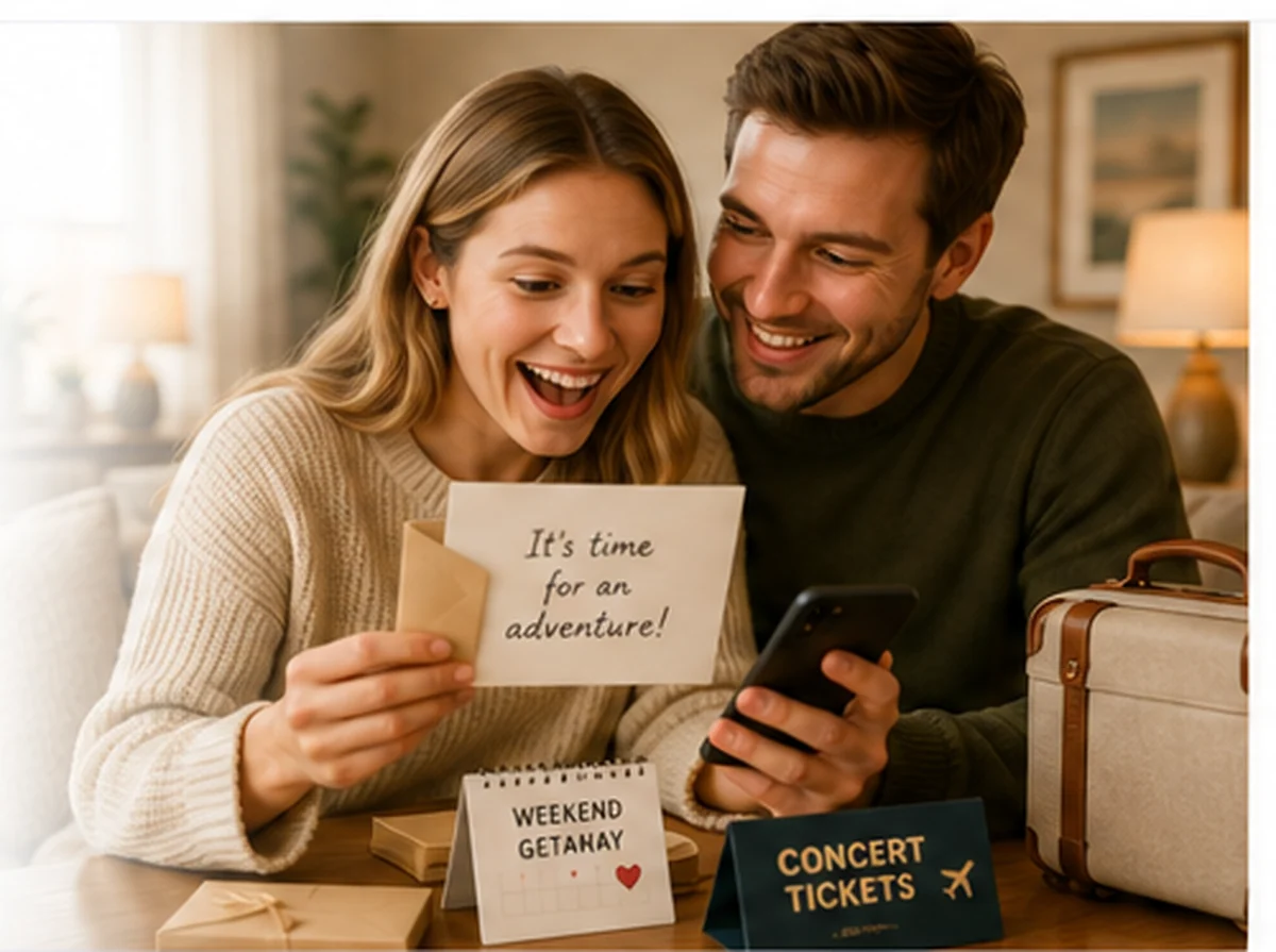 Couple smiling while opening an experience gift reveal with a clue card, phone, and safe event details.