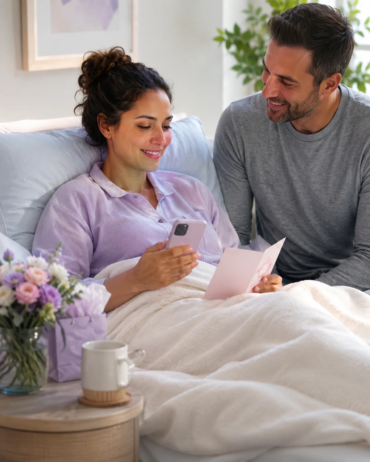 A woman recovering after surgery smiles in bed while a loved one sits beside her as she reads a get-well card and checks a thoughtful digital message.