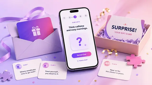 Digital gift card reveal screen showing a private clue-based gift card surprise for dad.