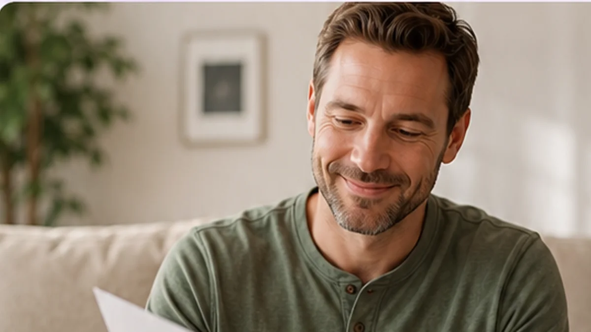 A smiling dad reading a thoughtful note as part of a personal gift card reveal at home.