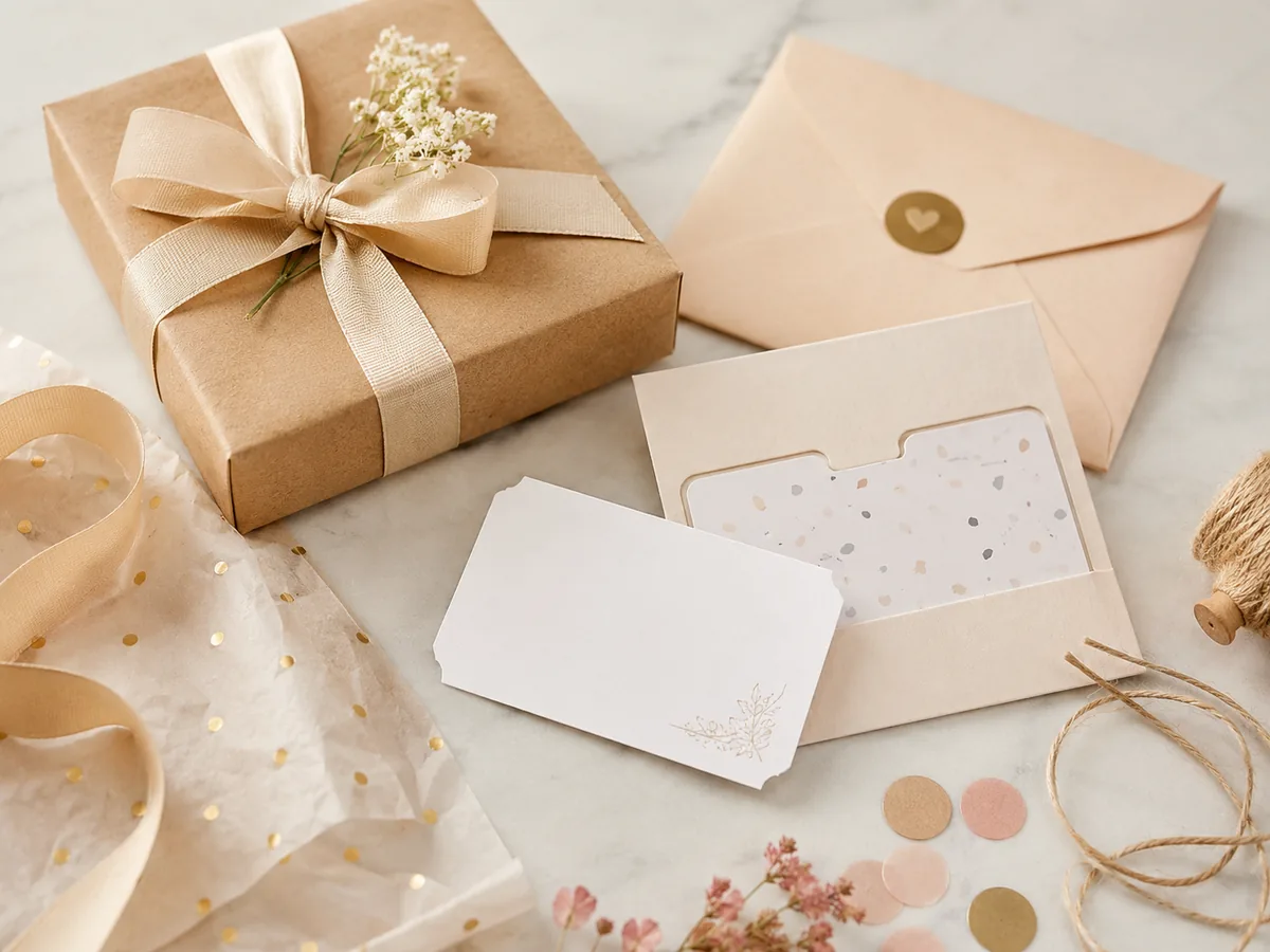 Styled gift card wrapping setup with a ribbon-wrapped box, envelope, gift card sleeve, note card, and presentation details.