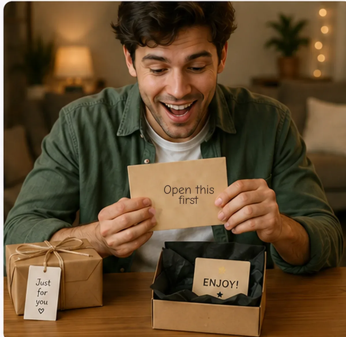 Man smiling as he opens an Open this first clue card with a small gift card box and wrapped present.