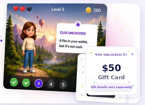 Sample Gift Reveal game screen showing an unlocked generic $50 gift card reveal.