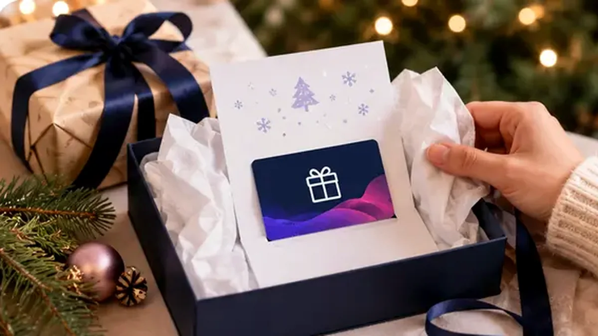 Christmas gift card reveal idea showing a festive gift box, wrapping paper, ornaments, and a surprise gift card presentation.