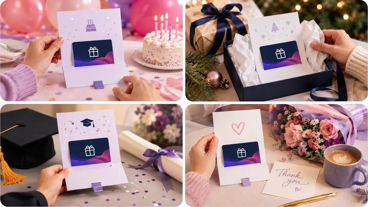 Gift card reveal ideas by occasion showing birthday, Christmas, graduation and thank-you gift card reveal moments.