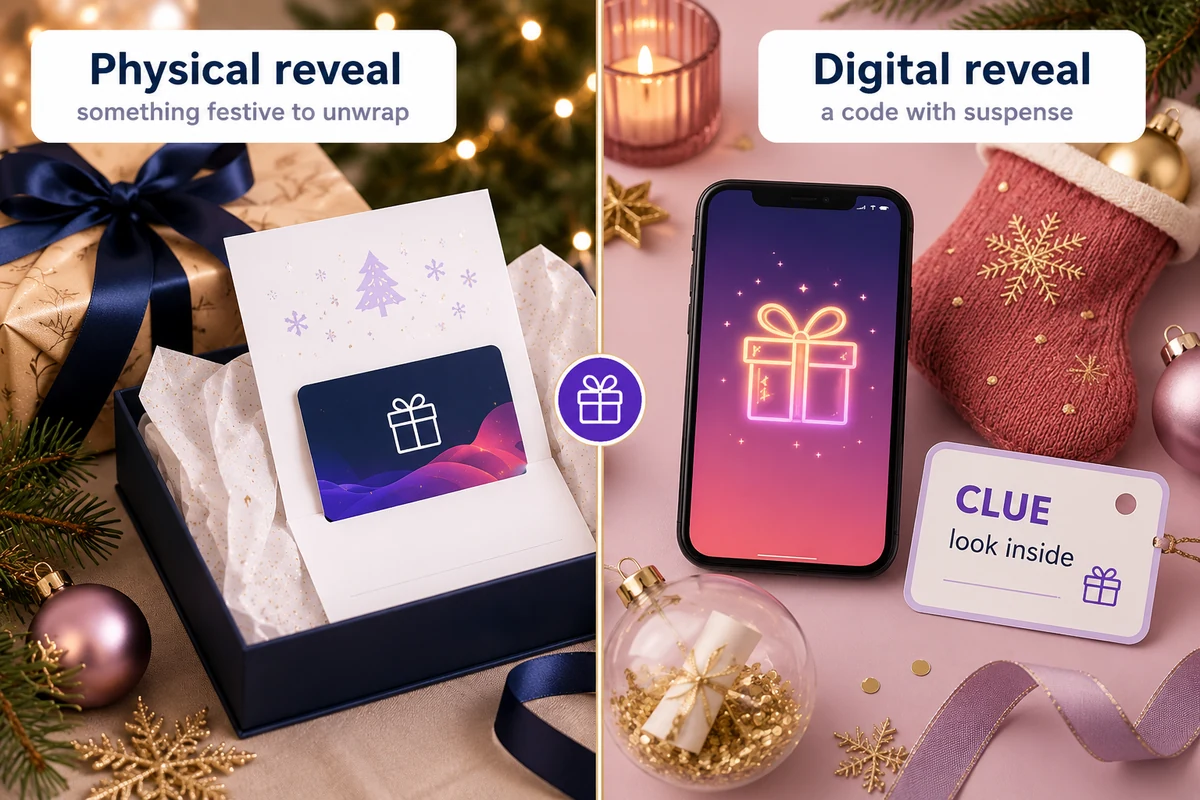 Physical versus digital gift card reveal ideas showing a hands-on envelope reveal on one side and a digital reveal game on phones on the other.