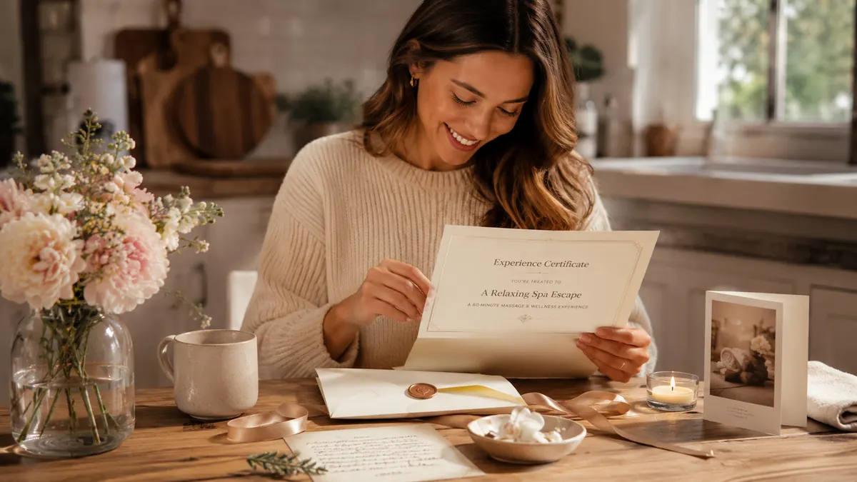 Woman smiling while opening a printed experience gift certificate with a handwritten note and thoughtful reveal details.