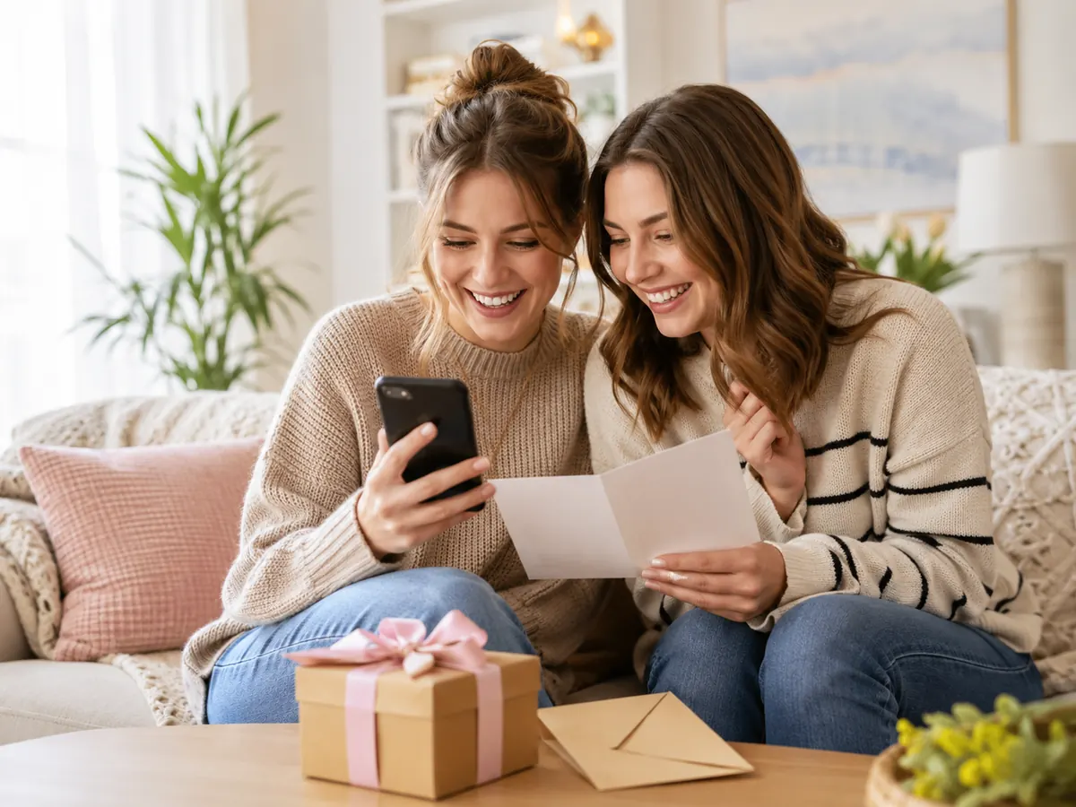 Two smiling friends reading a gift reveal message on a phone beside a wrapped gift and card.