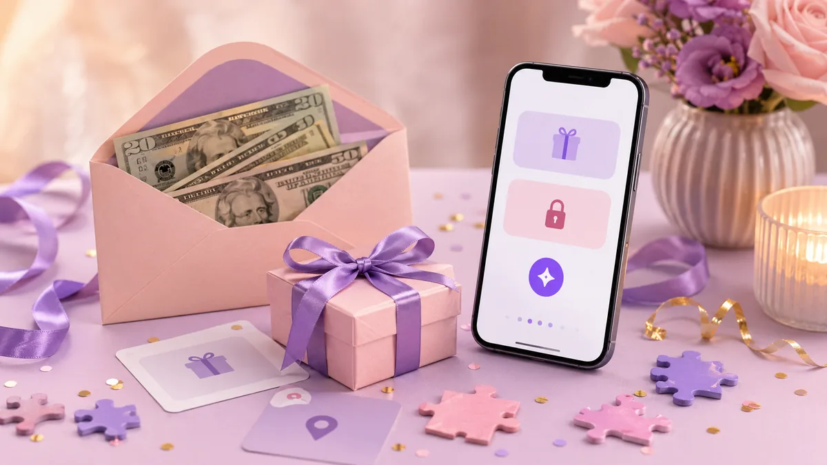 A premium money gift reveal scene with a pastel envelope, US dollar bills, a wrapped gift box, puzzle pieces and a phone showing a private digital reveal interface.