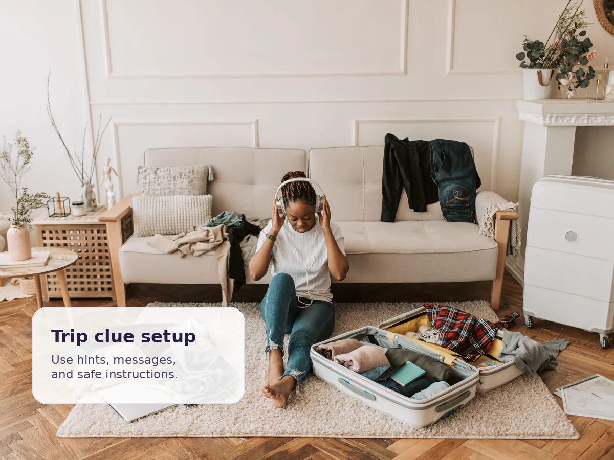 A travel-themed clue setup for revealing a surprise vacation without showing private booking details.