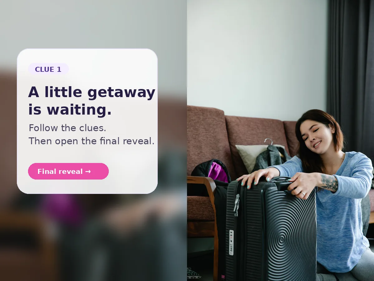 A smiling recipient discovering a surprise trip reveal with a phone, clue card, and small suitcase.